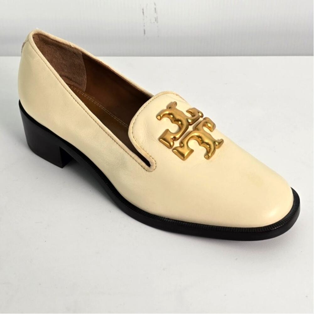 Tory Burch Eleanor Heeled Loafers Cream Leather Brass Logo Size 7M